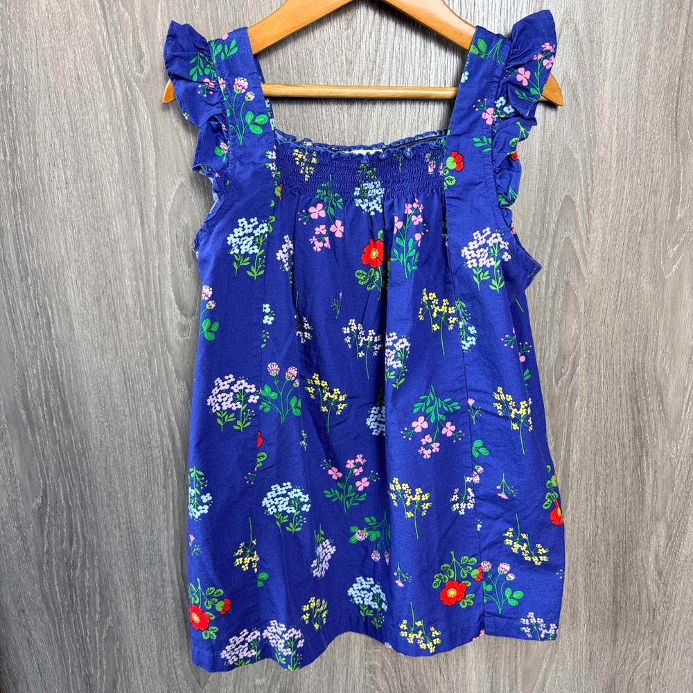 Hanna Andersson Floral Top Girls 130 8 Blue Flutter Ruffle Sleeve Smocked Blouse